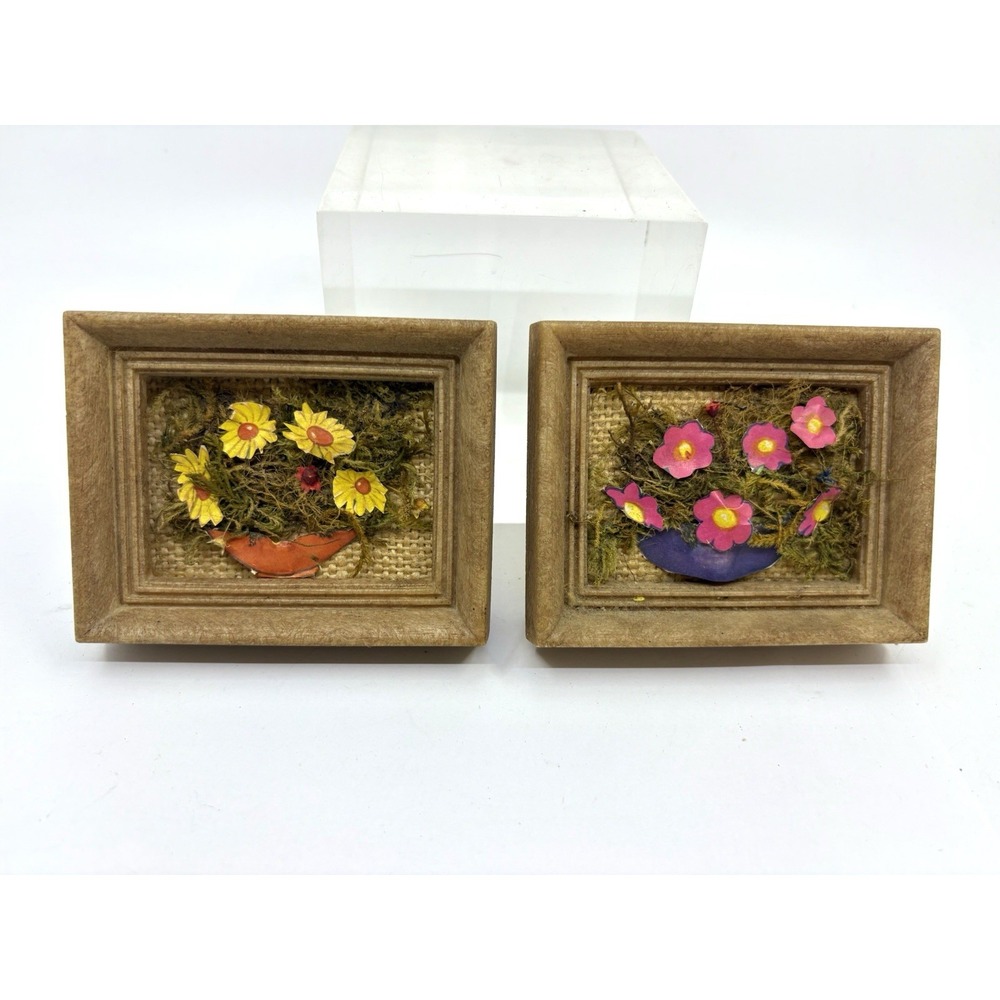 Vtg 1970s Floral Paper Moss Framed Artworks Small Wood Frame